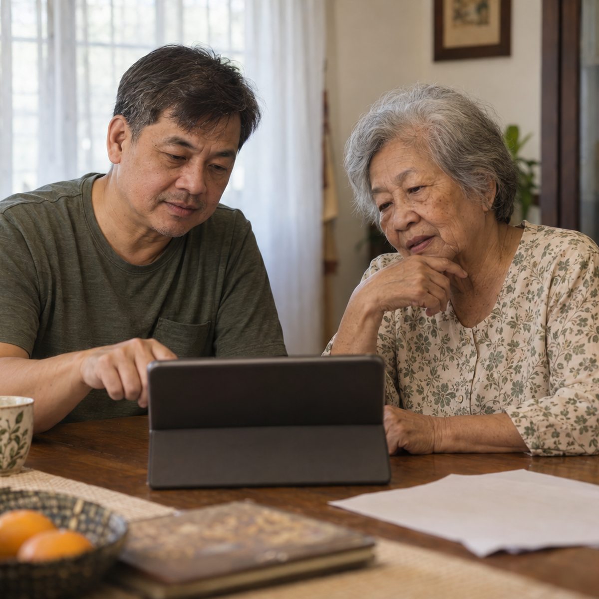 An adult son and his elderly mother going through helper profiles together on a tablet